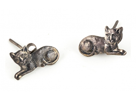 Wise Whiskered Felines Teeny-tiny Blackened Patina Sterling Silver Post Stud Earrings