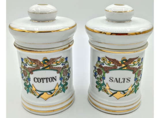 Beautiful Victorian (Partial) Set Of Hand Painted Fine Lidded Porcelain Antique 'Salts' And 'Cotton' 5.5' Tall