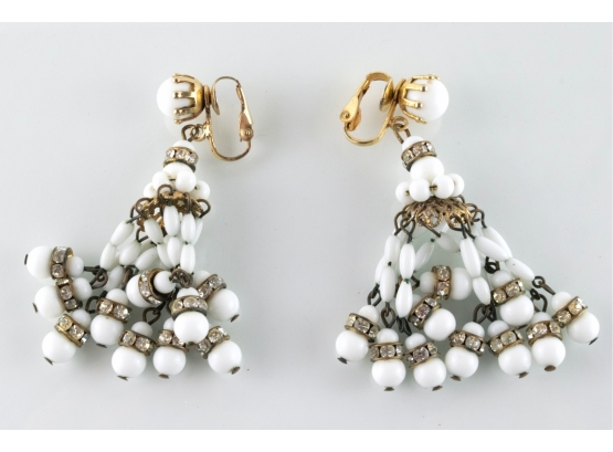 🌀 Dancing White And Rhinestones Dangles Gypsy Clip-Ons