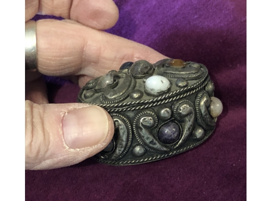 💌  Lined In Purple Velvet Vanity Box With Bezel Set Cabochon Stones Handmade Bejeweled