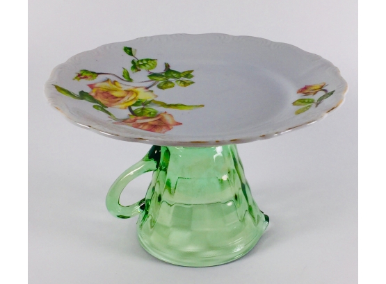 🌀 Whimsical Repurposed Vintage Serving Piece Green Glass Yellow Roses