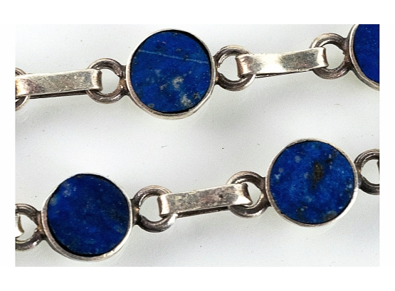 Earthy Vintage Sterling (950) Bezel-Set Silver Flecked Lapis Lazuli Roundels Link Chain Bracelet