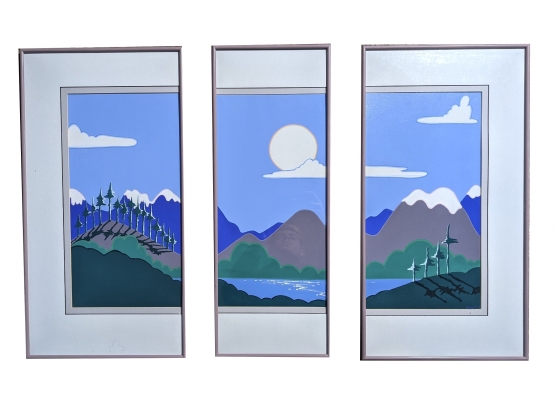 Beautiful Modern Mountain And Sky Framed Triptych ~ Early Gina Holt ~ Original Framed Serigraphs With  Indicia