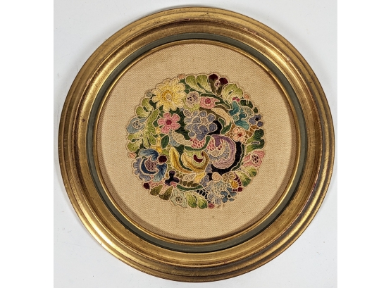 Charming And Historic Ives Family Hand Stitched Floral Wedding Textile Dated 1928 In Round Frame 10.5'