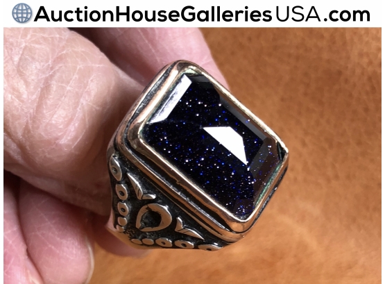 🦋 Rare!  Blue Goldstone Sterling And Rose Gold  HUGE Man’s Ring Size 14