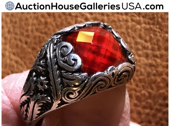 🦋 Vibrant Facetted Ruby Glass Etched/carved Sterling Silver Man’s Size 13.5 Ring
