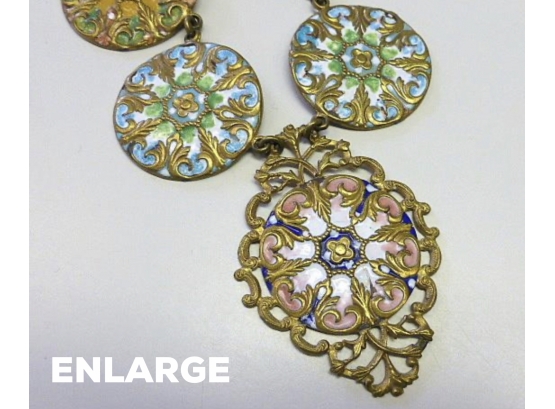 Astounding! Antique French Champleve Enamel 12 Discs Necklace Art Nouveau Colorful Vintage WOW!