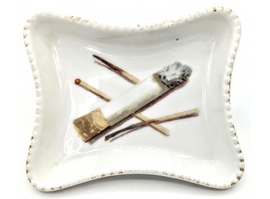 Ashy Cigarette And Burnt Matches In Small Victoria Glazed Bisque Porcelain Dish Czech