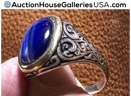 🦋 Royal Blue Luster Opalescent Cabochon Carved Sterling And Gold Bezel Man’s Ring