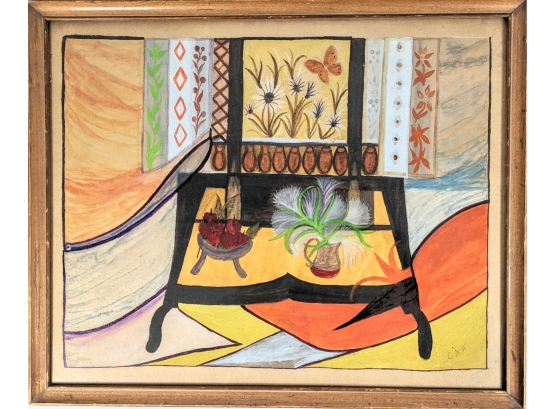 Killer! Colorful Modernist Still Life Interior Outsider Art ~ Ala Matisse ~ Signed Well-Framed 17x21'
