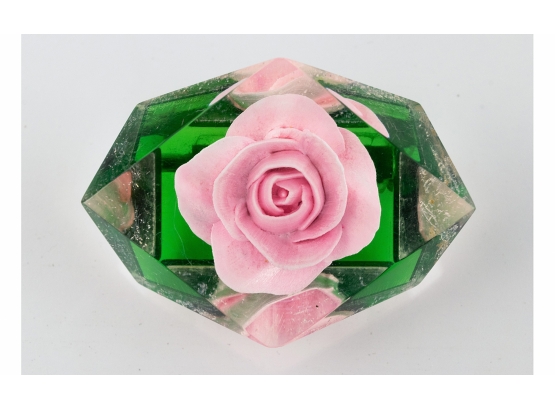 Fabs!  Lucite Pink Rose Vintage Brooch Green And Clear
