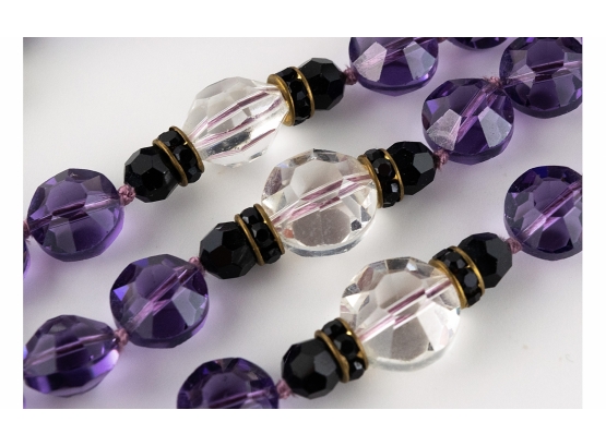 Special And Rare Elegant Heavy Rock Crystal, Amethyst And Black Glass Triple Strand Necklace