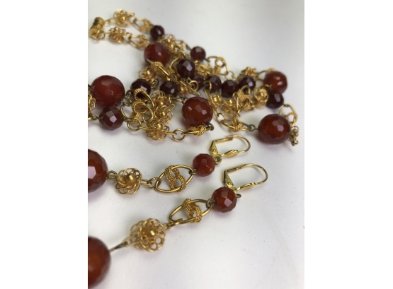 Beautiful Italian Gilt Chain With Ornate Details And Carnelian Facetted Glass Necklace And Dangle Ears MINT