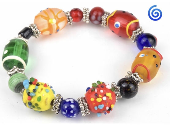 🌀 Handmade Art Glass Candy Beads With Silver Stretchy Bracelet