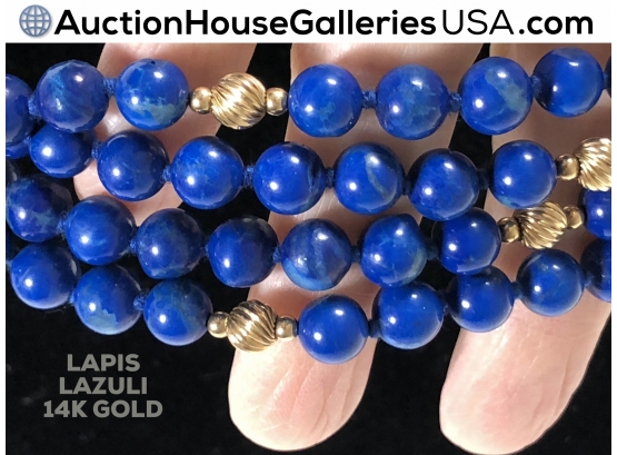 Stylish 14K Gold And Genuine Lapis Lazuli Long Strand