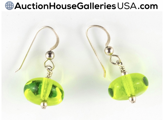 Bright Green Peridot Glass Orb Silver Dangles Earrings