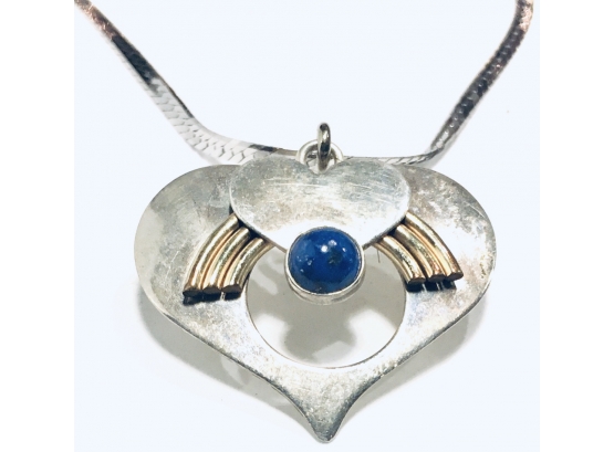 💌  Sterling Gold And Lapis Lazuli Heart Love Rainbow Necklace 16”