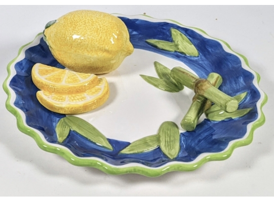 Super Realistic 3-D Trompe L'oeil Glazed Ceramic Lemon Slices With Bamboo Ring Plate 8'