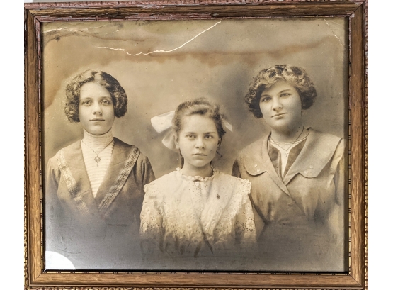 Large Three Sisters Black & White Original Antique Portrait Photo With Great Character  19x16'