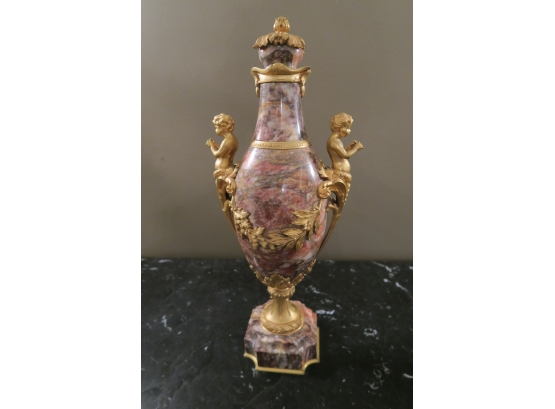 Stunning Pair Of Decorative Ormolu, Pink Marble And Bronze Urns