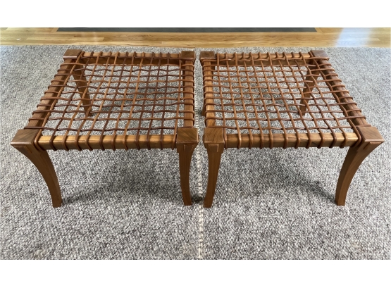 NEW LOT! - Pair Of Vintage Modern Klismos Style Stools Or Ottoman - Woven Leather Seat With Wood Base
