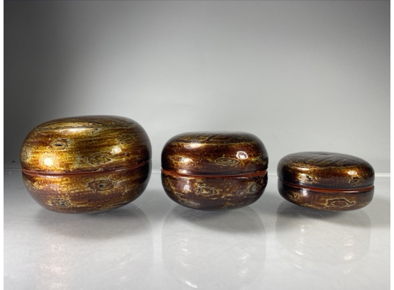 Three Round Lacquer And Wood Round Boxes