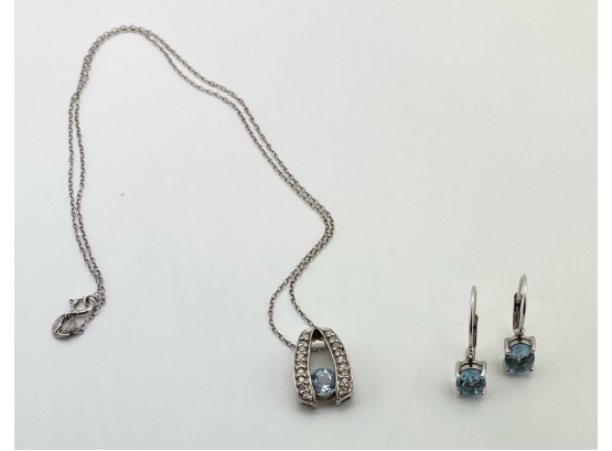 Sterling Silver With Cubic Zirconia And Faceted Blue Topaz Pendant And Earrings Set