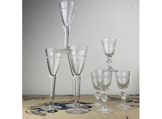 Eight Vintage Apertif Glasses With Horizontal Lines