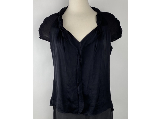 Elie Tahari, Designer Black Silk Blouse With Cap Sleeves, Size Medium