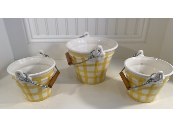 Three Ceramic With Metal Handle Yellow And White Check Pails Or Buckets