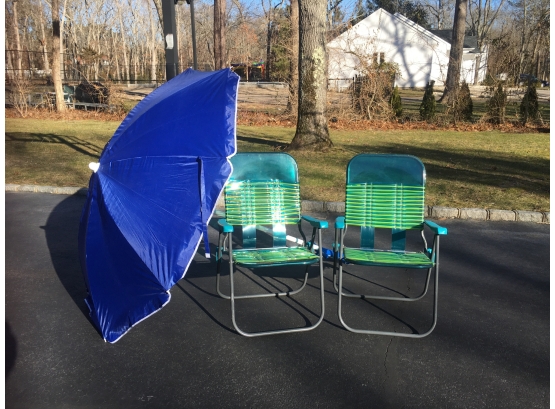 EQ - Two Green Folding Beach Chairs And A Blue Beach Umbrella !