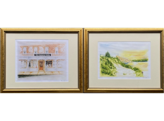 Two Signed Prints Of Watercolors - Sag Harbor Landmarks Sag Harbor Bridge And The American Hotel By McBride