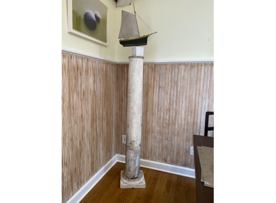 Sculptural Architectural Wooden Column Topped With An Affixed Wooden Model Sailboat
