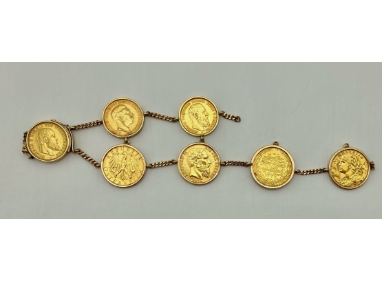 Seven Antique 18k Gold European Coins In 18k Bracelet Setting - Austrian, German, Belgian, Turkish, Swiss,
