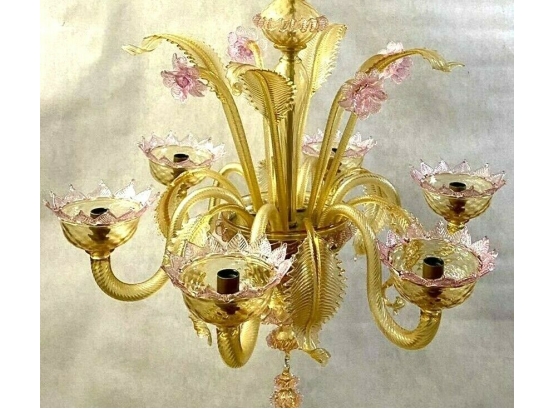 Classic Murano Venetian 6-Lights Chandelier Enriched With Pink And Gold Leaves And Flowers.