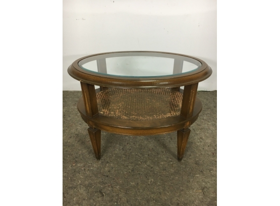Vintage Oval Glass Top Solid Wood Cane Base Coffee Table