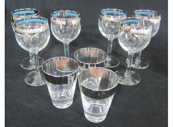 GROUP LOT OF GLASSWARE WITH SILVER TONE RIMS