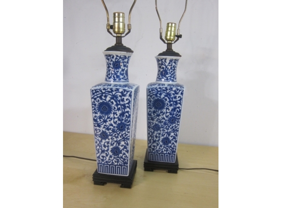 Pair Of Blue And White Oriental Contoured Square Porcelain Vase Table Lamp