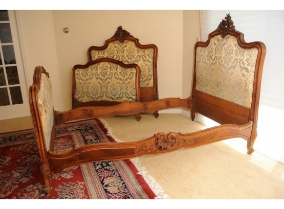 Pair Antique French Walnut Hand Carved Twin Beds With Rails