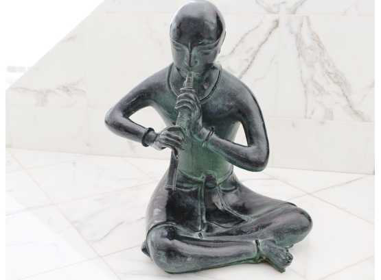 Asian Patinated Bronze Figure Of A Seated Flute Player