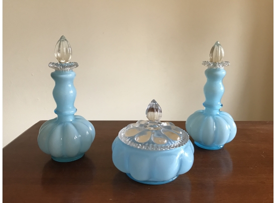 Gorgeous Blue Fenton Opalescent Vanity Set