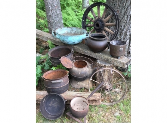 Vintage Pots, Bowls And Two Wagon Wheels