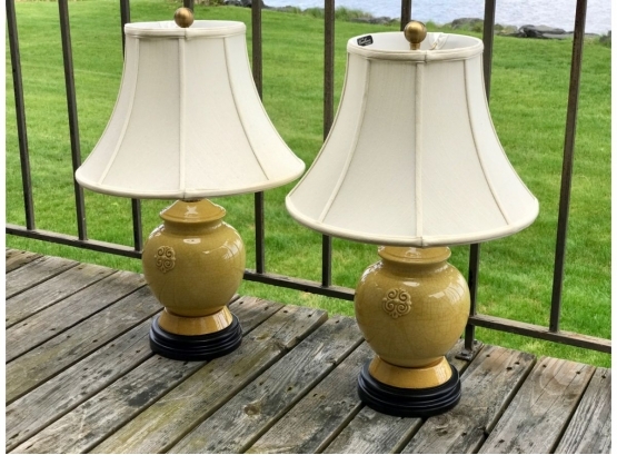 Pair Oriental Yellow Vases Mounted As Lamps On Circular Bases