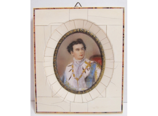 Antique Miniature Hand Painted Portrait Of King Ludwig II Of Bavaria With Piano Key Frame