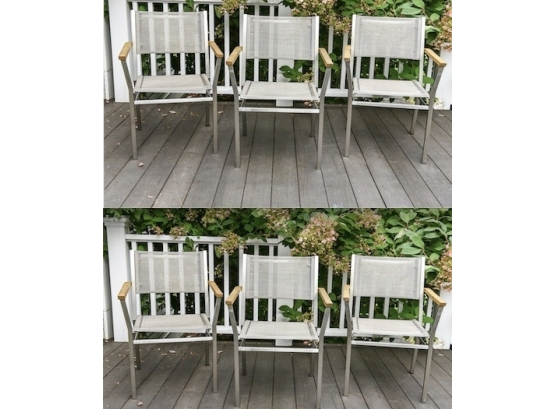 Set Of Six Barlow Tyrie Equinox Outdoor Teak And Stainless Steel Arm Chairs