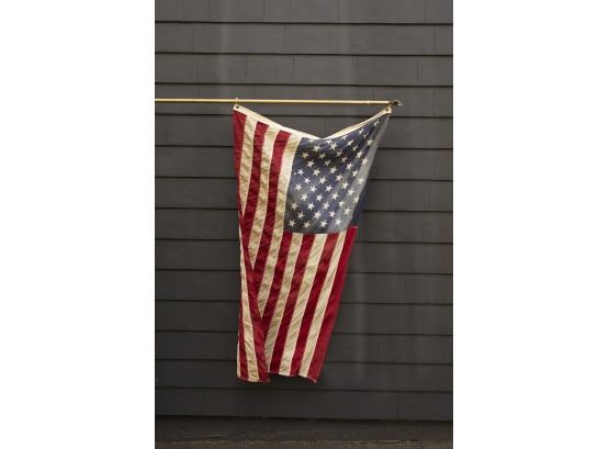 Large US Flag In Cotton With Banner Pole And Eagle, Nice Patina