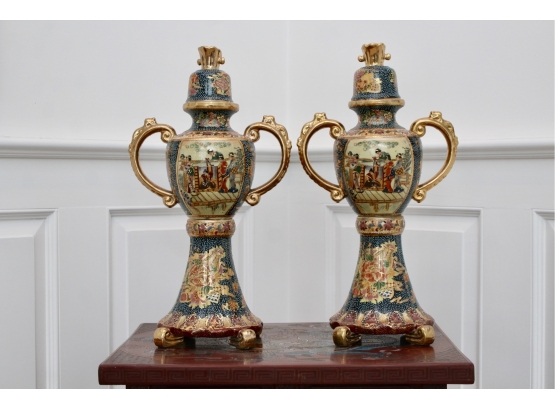 Set Of 2 Royal Satsuma Japanese Moriage Handled Urns With Tops