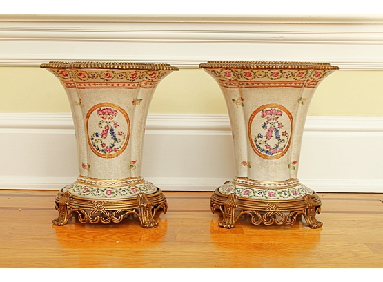 Pair Decorative Porcelain Vases On Cast Bronze Stands