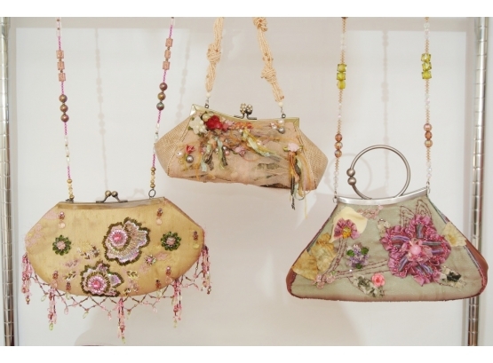Three Mary Frances Evening Bags With Beaded Decoration And Dust Covers.