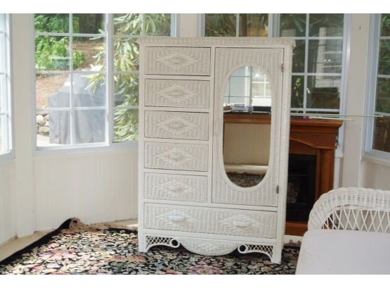 Wicker Six Drawer Cabinet With Mirrored Door
